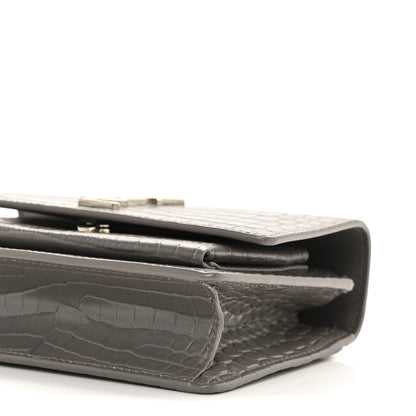 Saint Laurent Calfskin Crocodile Embossed Monogram Sunset Chain Wallet Fog 10 of 14