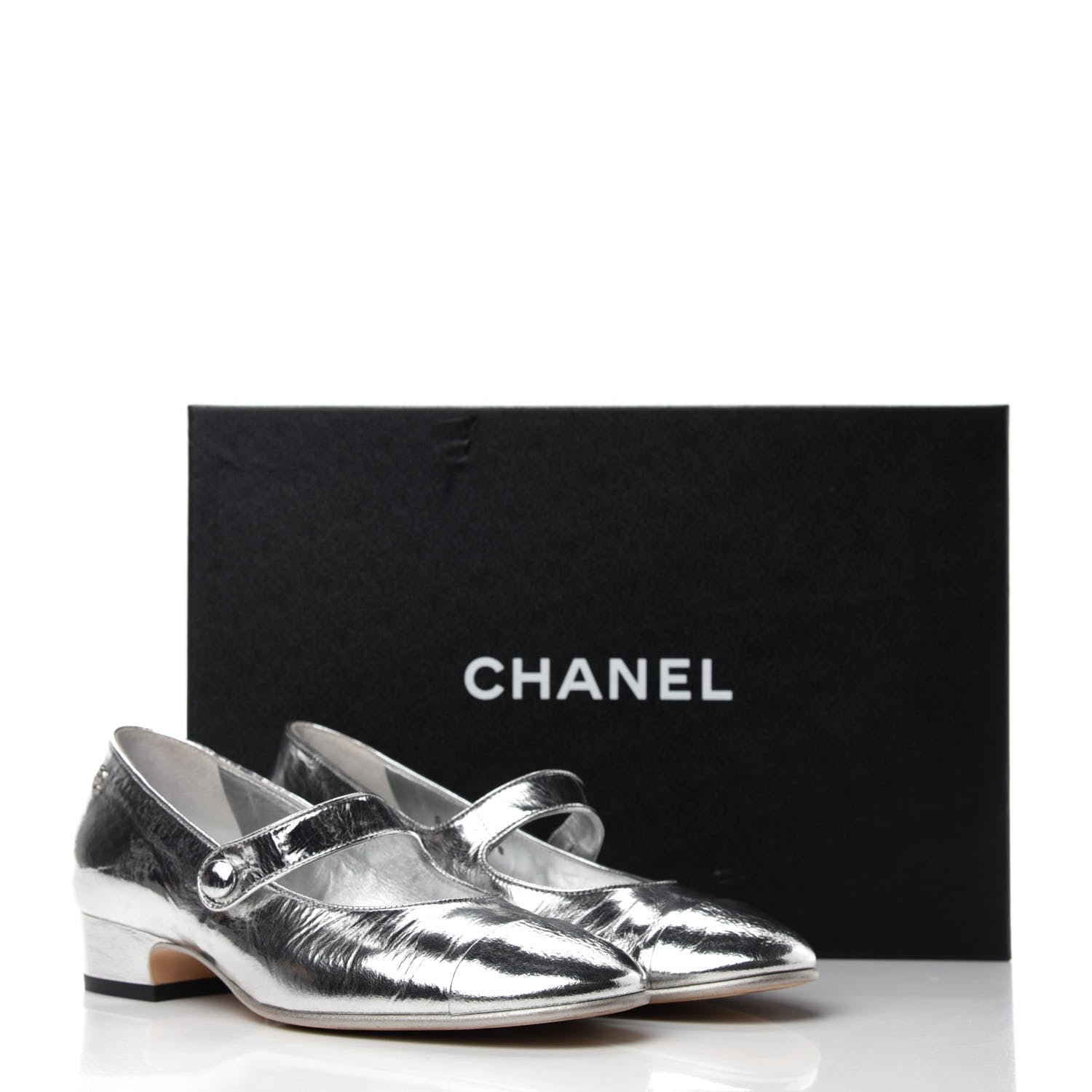 Chanel Laminated Goatskin Mary Jane Strap Pumps 36 Silver 9 of 9