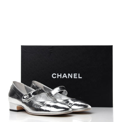Chanel Laminated Goatskin Mary Jane Strap Pumps 36 Silver 9 of 9