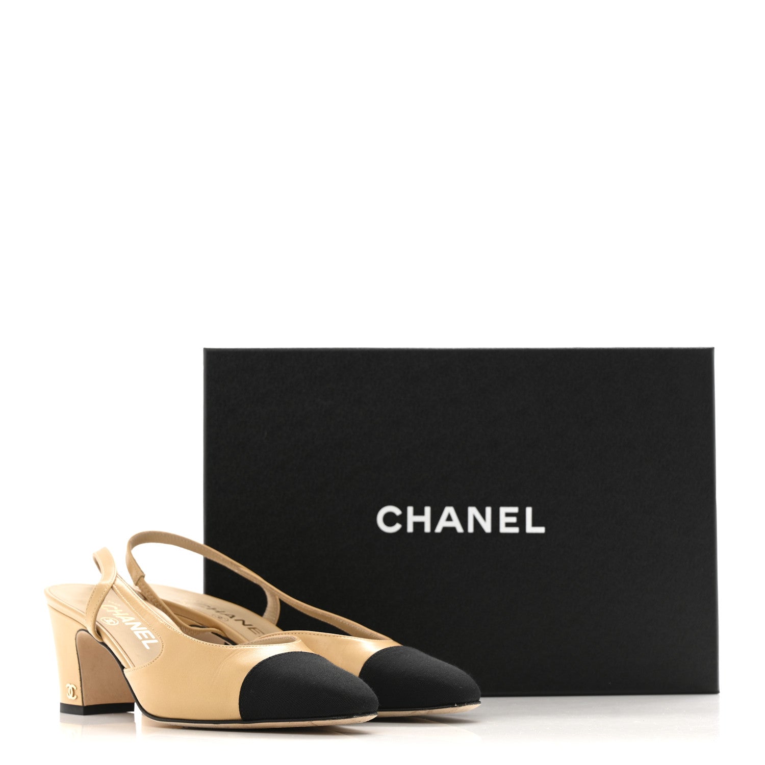 Chanel Goatskin Grosgrain Cap Toe CC Slingback Pumps 36.5 Beige Black 10 of 10