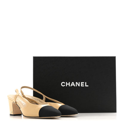Chanel Goatskin Grosgrain Cap Toe CC Slingback Pumps 36.5 Beige Black 10 of 10