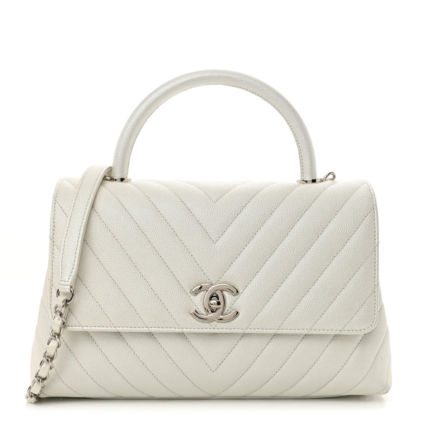 Iridescent Caviar Chevron Quilted Small Coco Handle Flap White