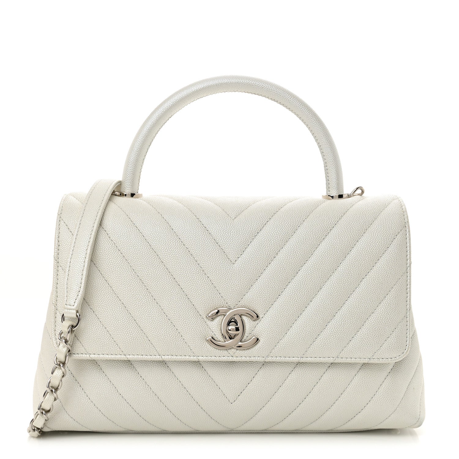 Chanel Iridescent Caviar Chevron Quilted Small Coco Handle Flap White 1 of 11
