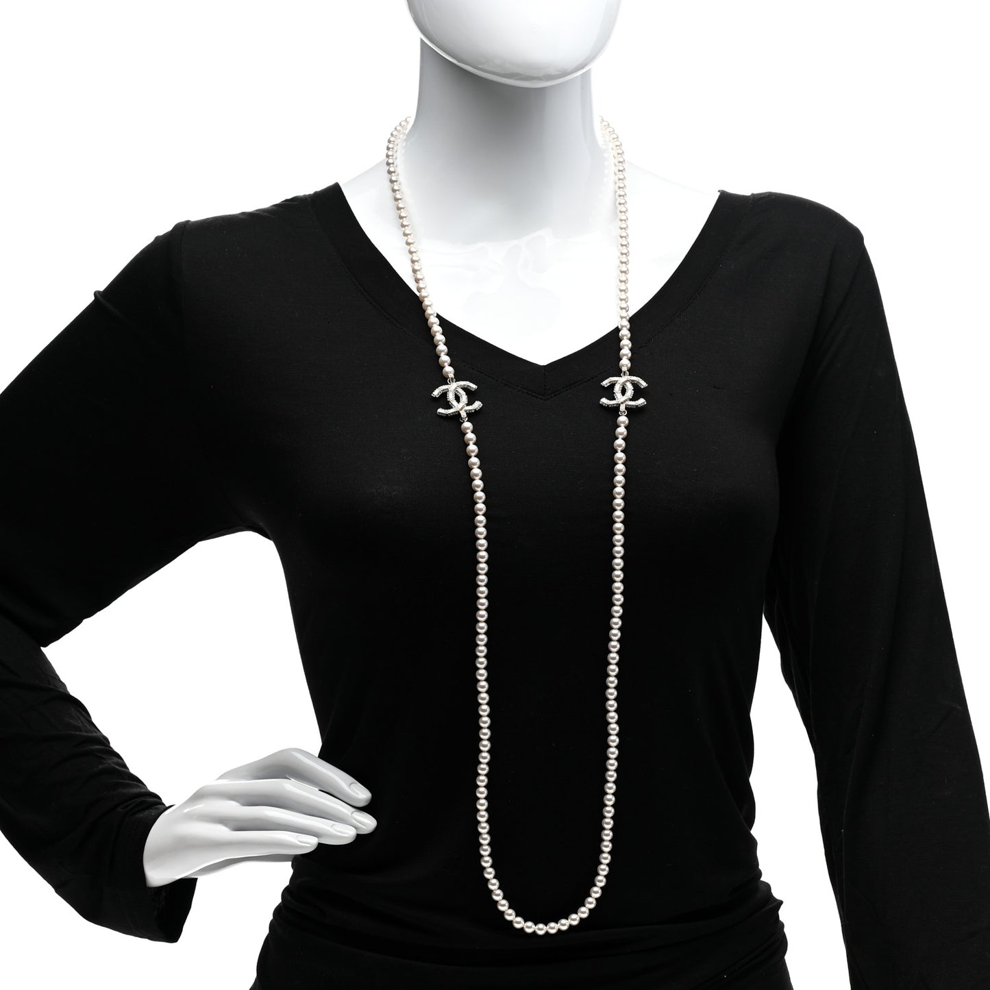 Pearl Baguette Crystal CC Long Necklace Gold