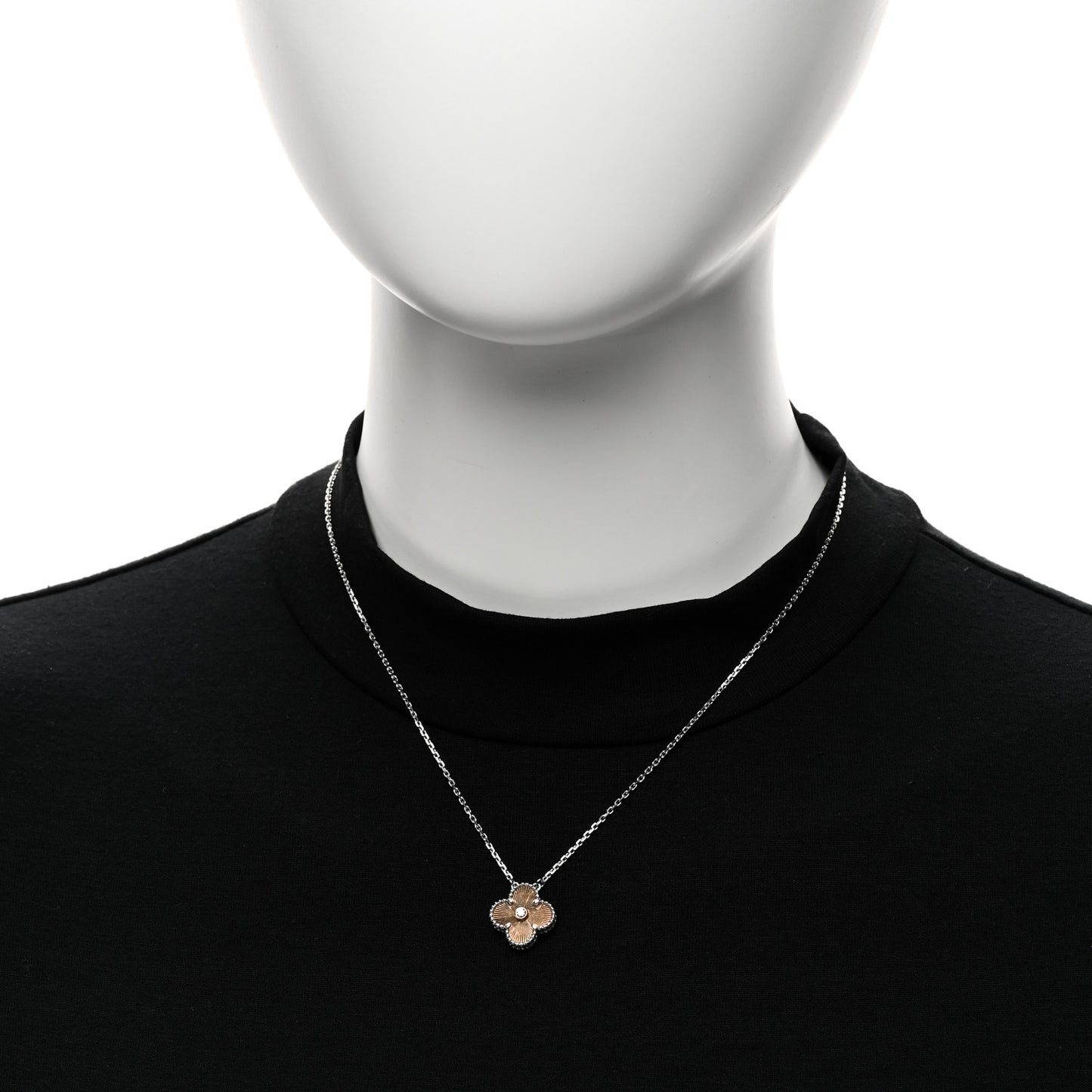 18K White Rose Gold Diamond Guilloche Vintage Alhambra Pendant Necklace