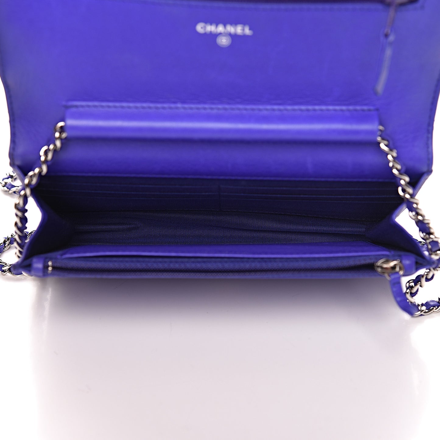 Calfskin Quilted Fancy CC Wallet On Chain WOC Blue