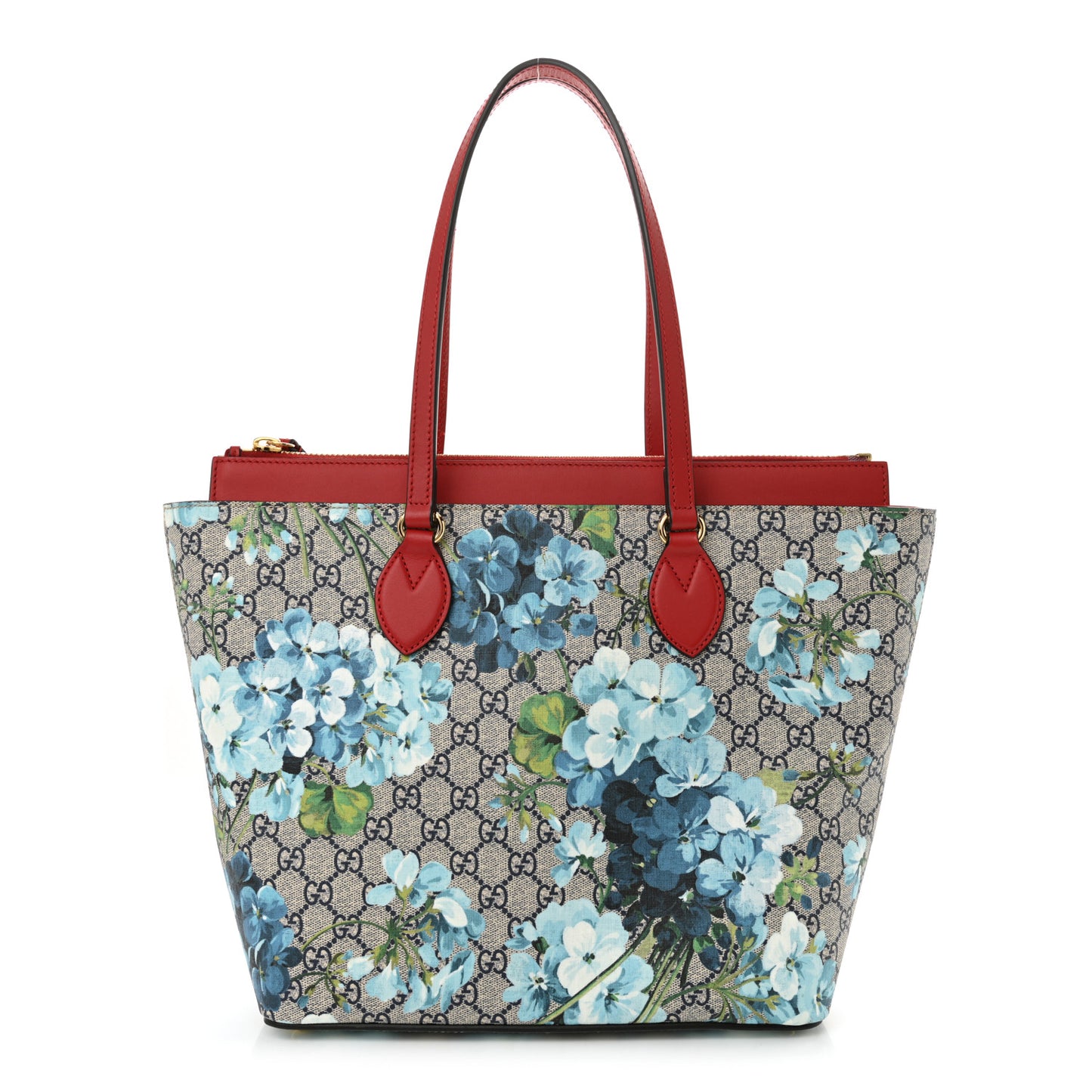 GG Supreme Monogram Blooms Medium Zippered Bucket Tote Beige Blue Navy Hibiscus Red