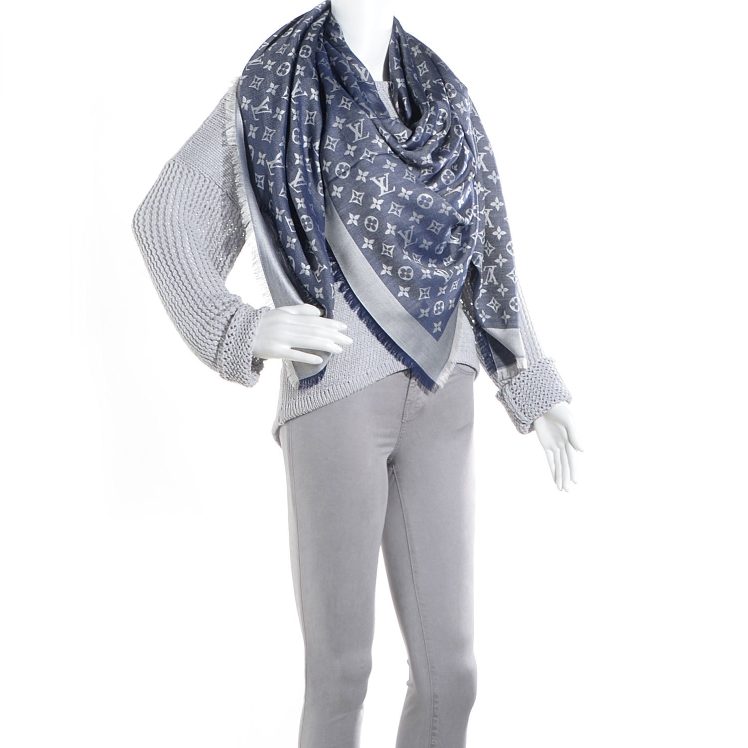 Louis Vuitton Wool Silk Monogram Denim Shawl Blue 2 of 5
