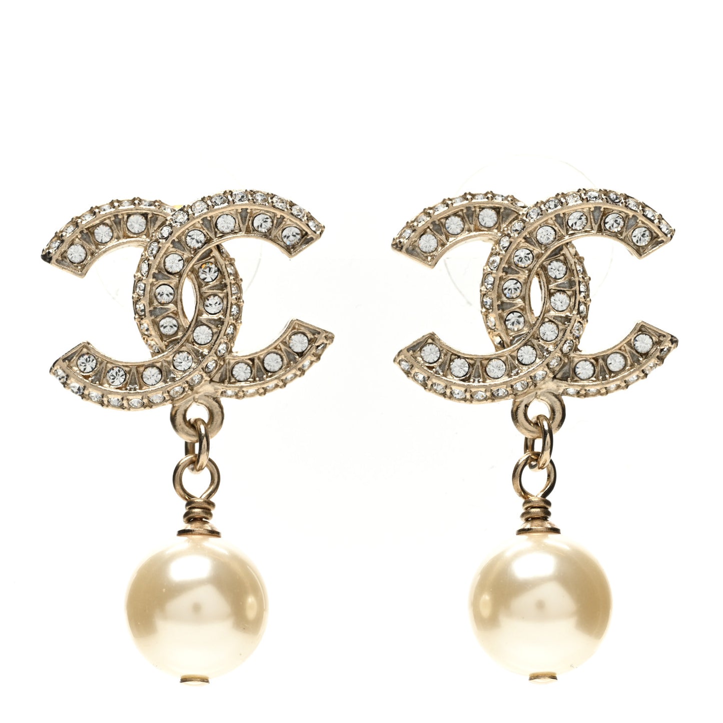 Pearl Crystal CC Drop Earrings Light Gold