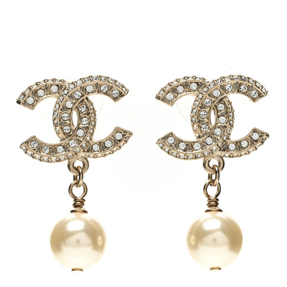Chanel Pearl Crystal CC Drop Earrings Light Gold 1 of 5