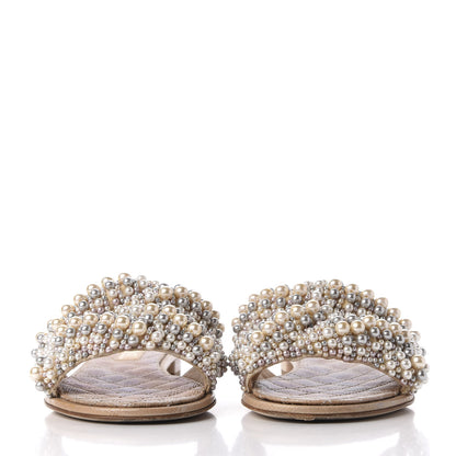 Chanel Calfskin Pearl Flat Sandals 40 Beige 3 of 12