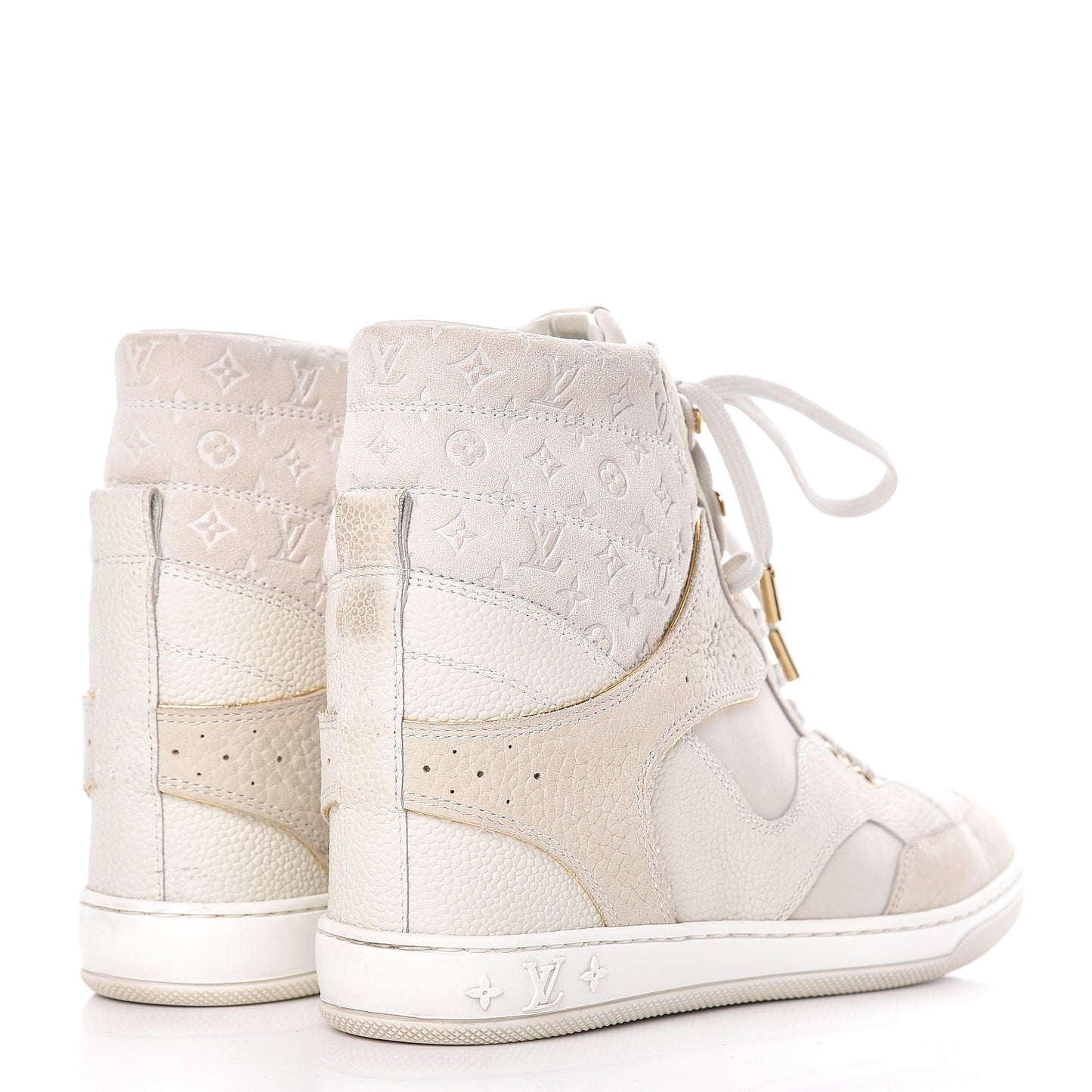 Calfskin Suede Monogram Cliff Top Wedge Sneakers 38 Ivory