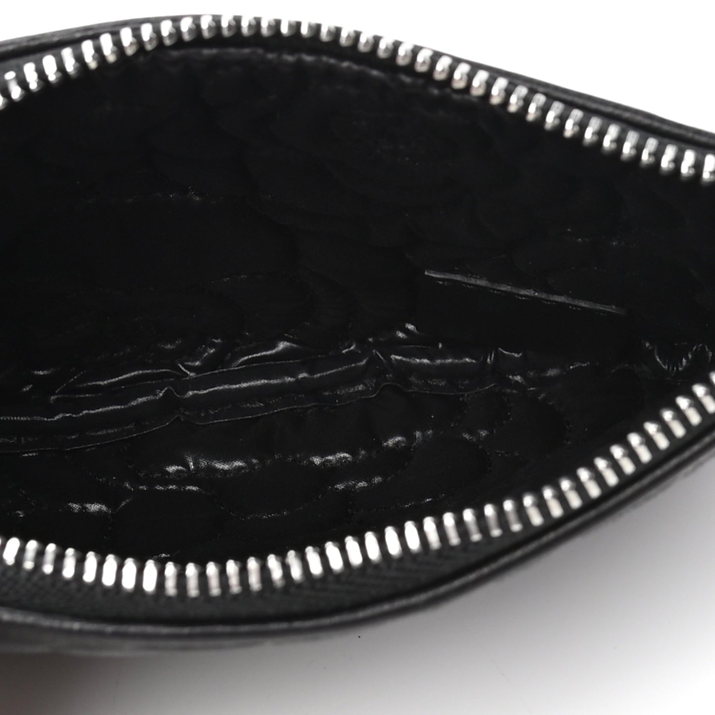 Goatskin Camellia Embossed Cosmetic Pouch Black