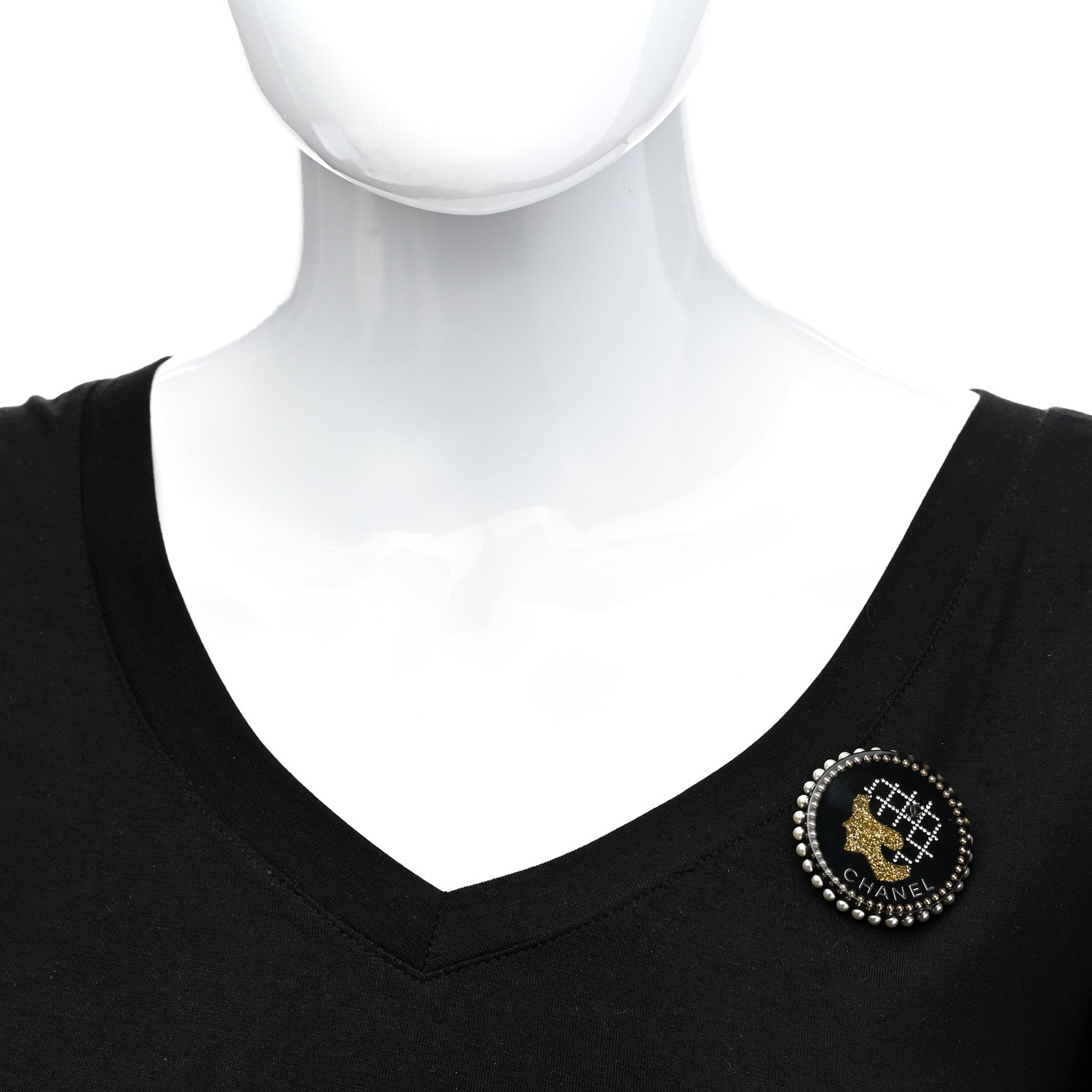 Chanel Resin Crystal Pearl CC Pin Brooch Black Gold 2 of 4