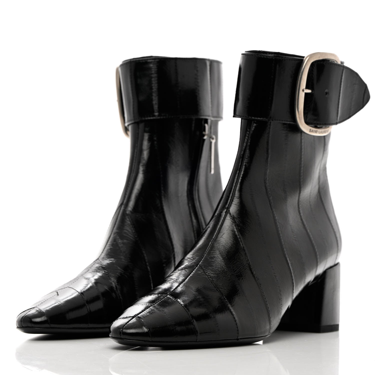 Saint Laurent Shiny Eel Joplin Buckle Booties 37.5 Black 3 of 12