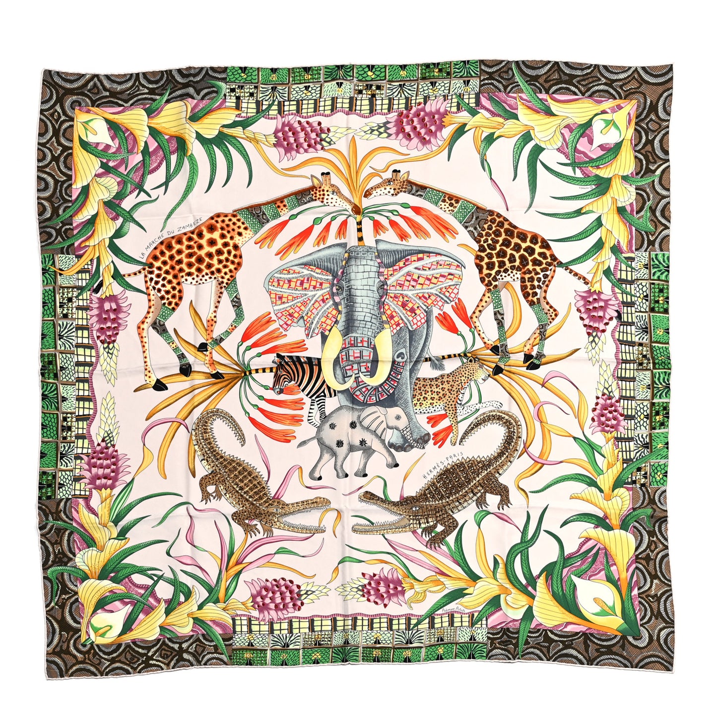 Silk La Marche Du Zambeze Scarf 90 Rose Pale Vert Jaune