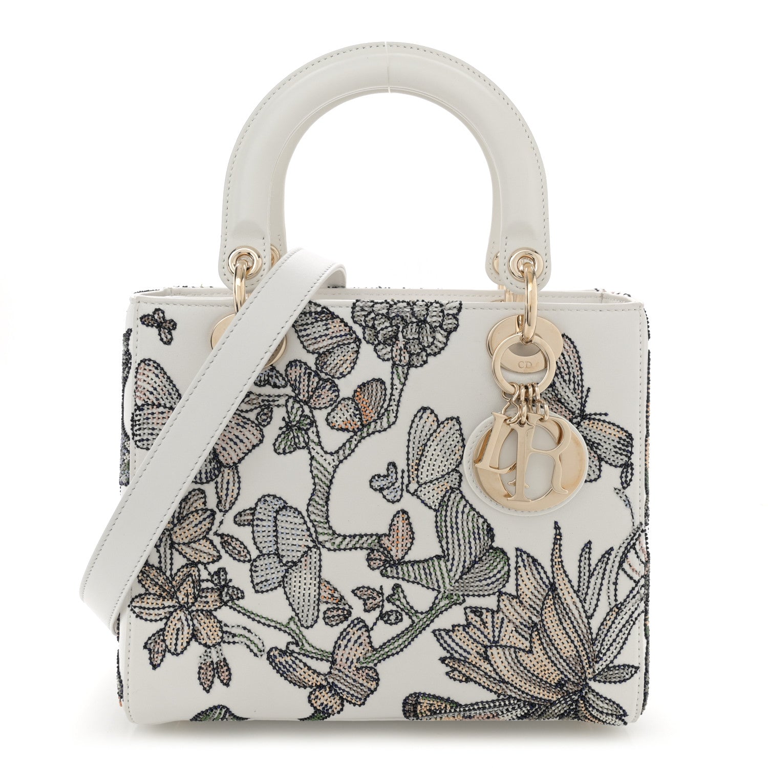 Christian Dior Calfskin Toile de Jouy Beaded Sequin Embroidered Medium Mexico Lady Dior White Multicolor 1 of 11