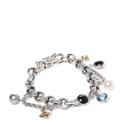 David Yurman Sterling Silver 18K Yellow Gold Blue Topaz Pearl Black Onyx Old World Charm Bracelet 1 of 5