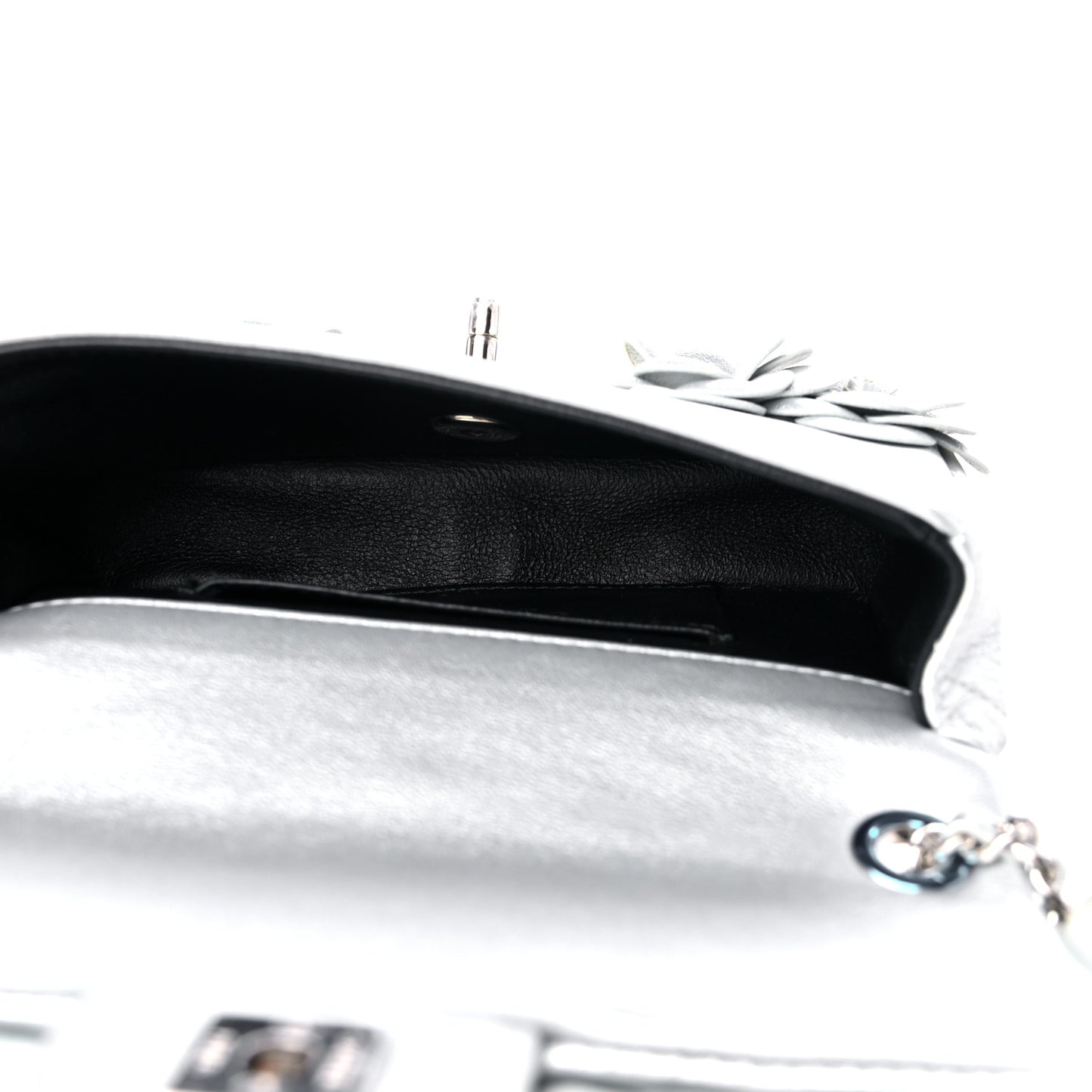 Metallic Lambskin Quilted Mini Camellia Flap Silver