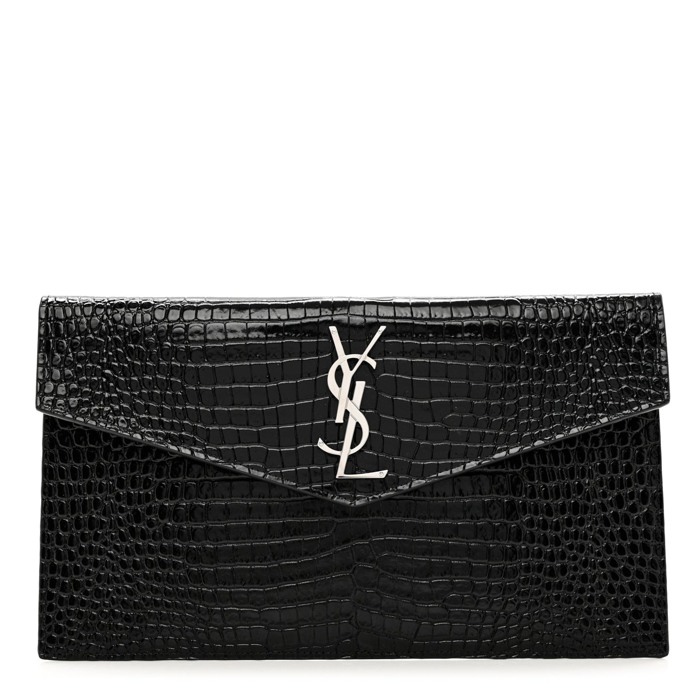 Calfskin Crocodile Embossed Uptown Monogram Clutch Black