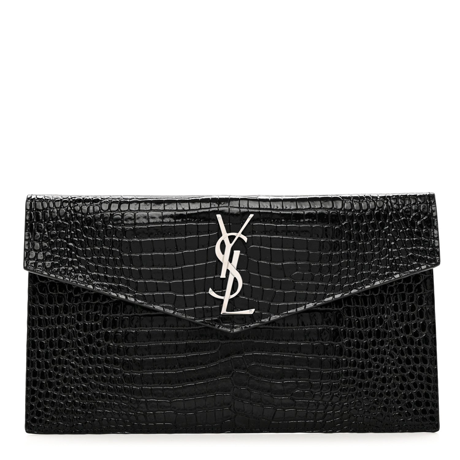 Saint Laurent Calfskin Crocodile Embossed Uptown Monogram Clutch Black 1 of 7