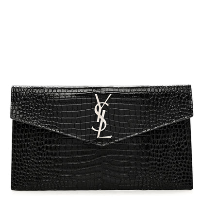 Saint Laurent Calfskin Crocodile Embossed Uptown Monogram Clutch Black 1 of 7
