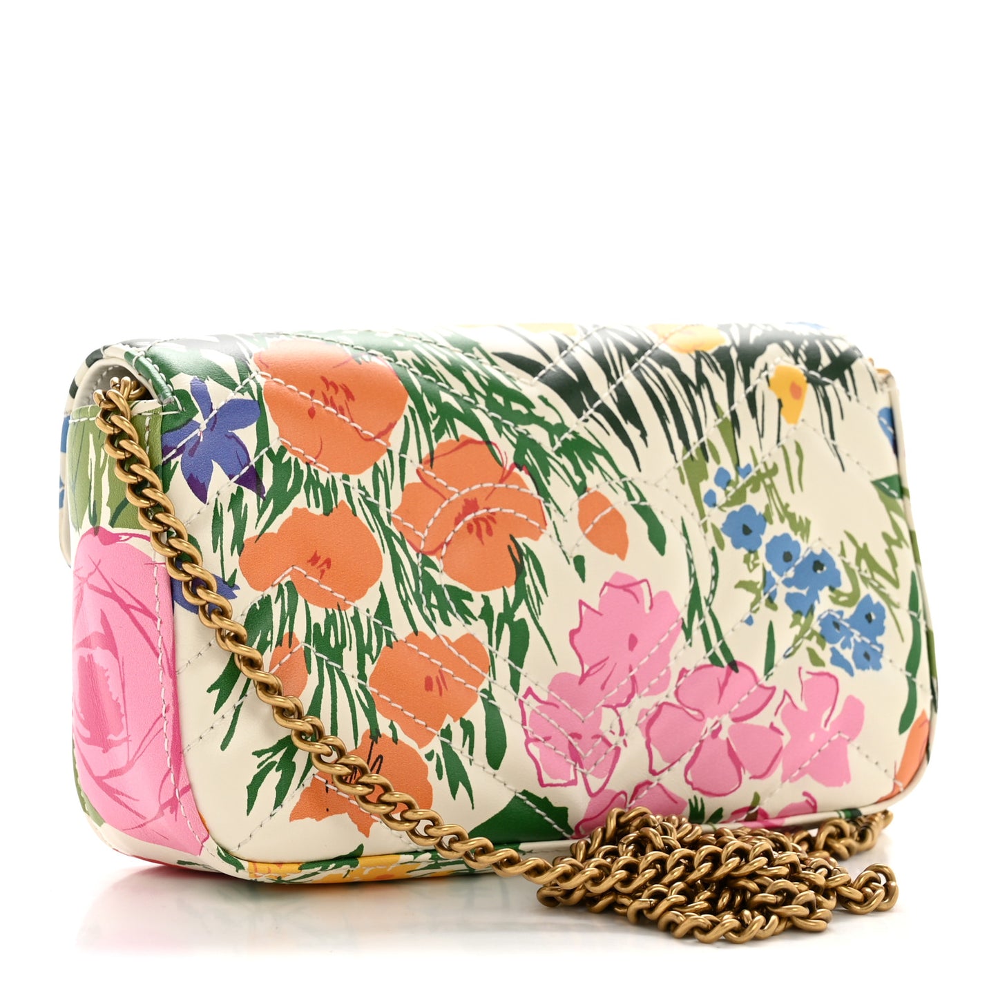X KEN SCOTT Calfskin Matelasse Floral Print Super Mini GG Marmont Shoulder Bag Ivory Pink