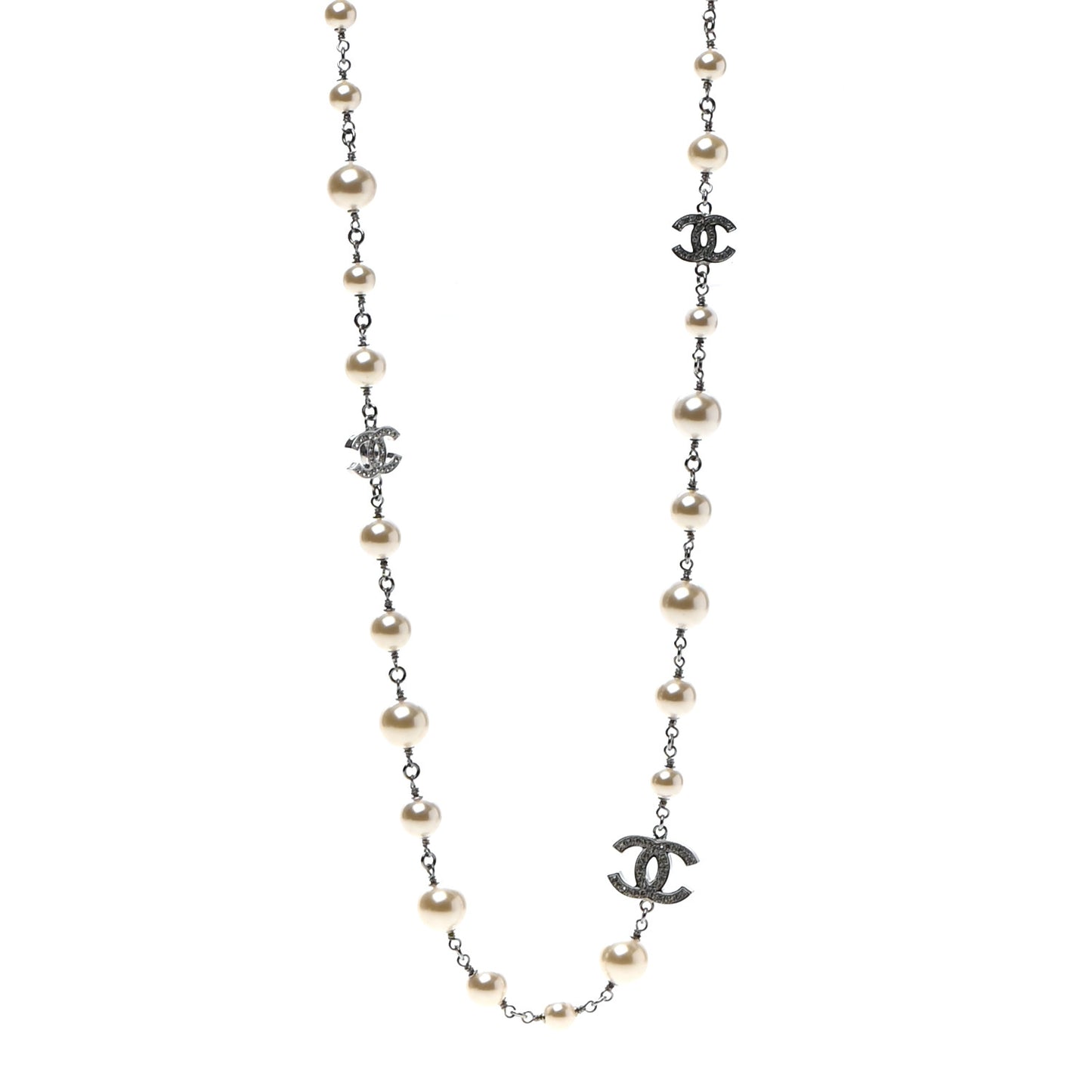 Crystal Pearl CC Long Necklace Silver