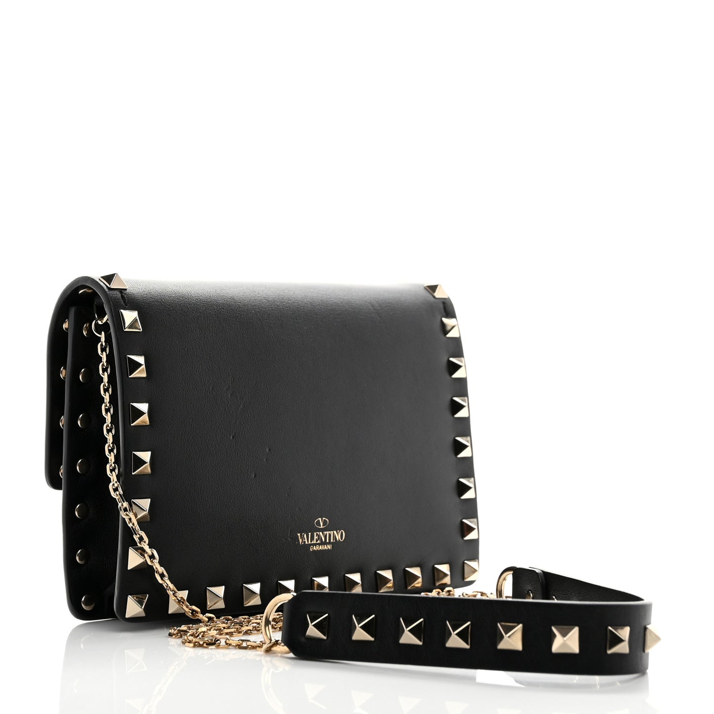 Vitello Mini Rockstud Wallet on Chain Black
