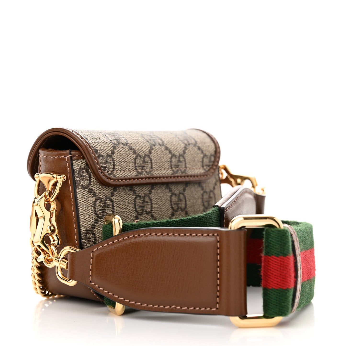 GG Supreme Monogram Azalea Calfskin Web Horsebit 1955 Wallet On Strap Beige Ebony Brown Sugar