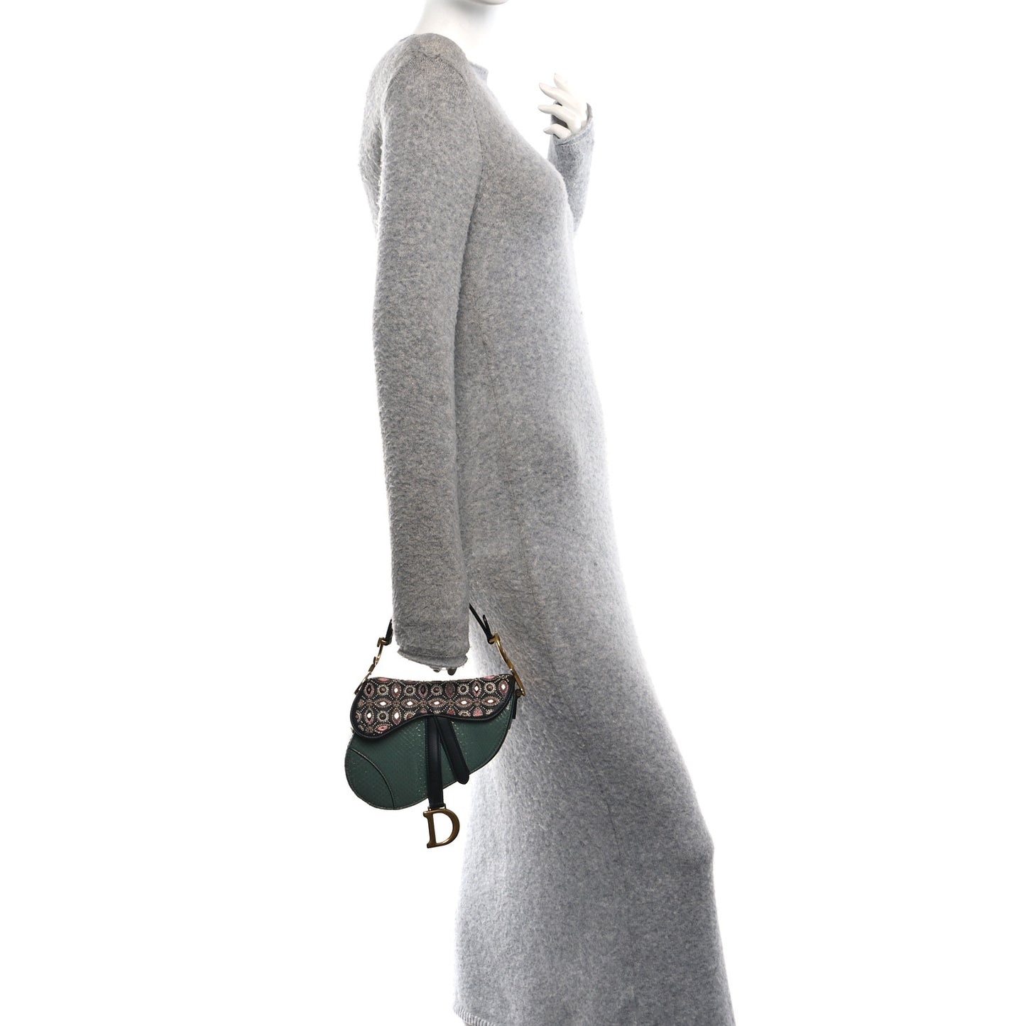 Beaded Calfskin Snakeskin Mini Saddle Bag Green