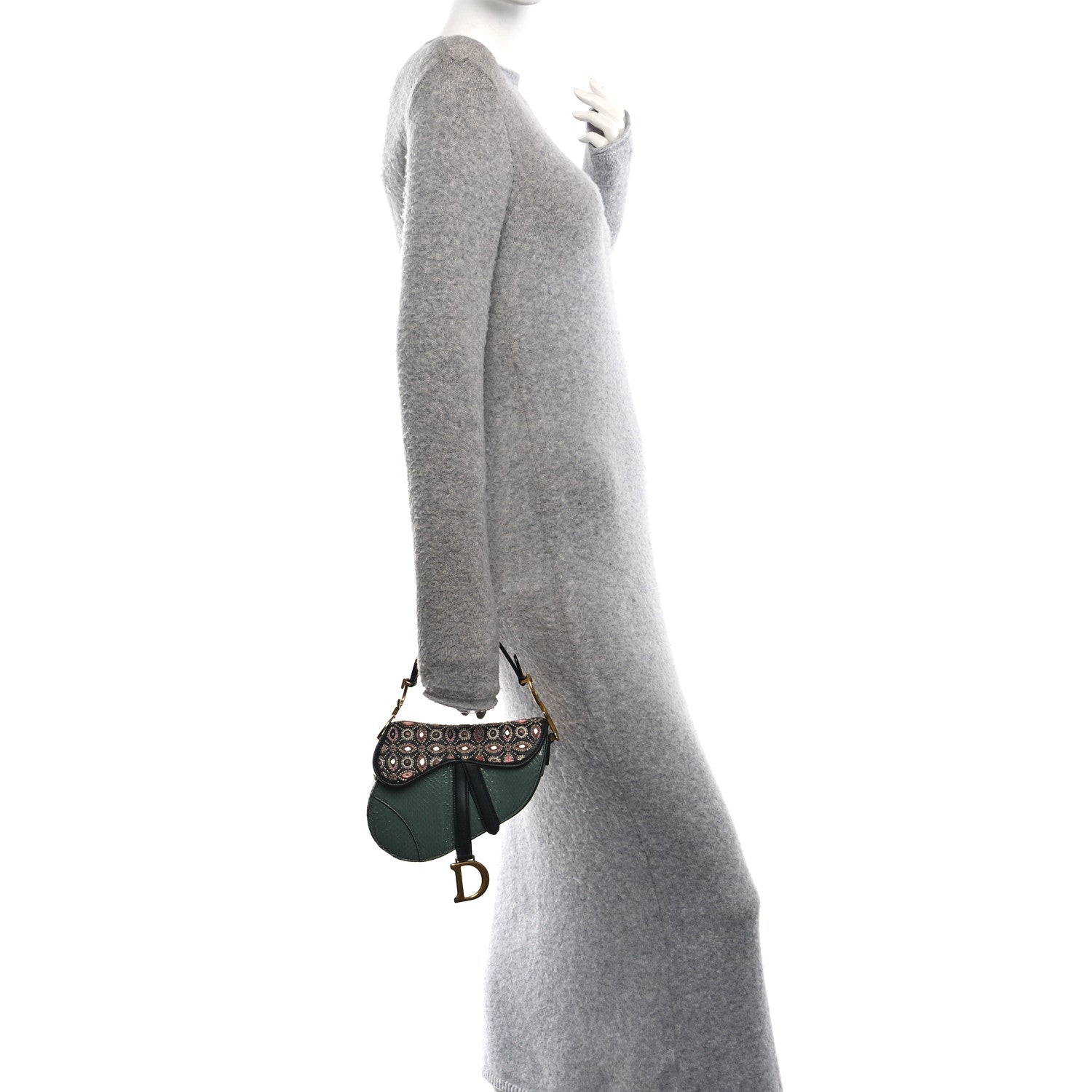 Christian Dior Beaded Calfskin Snakeskin Mini Saddle Bag Green 2 of 10