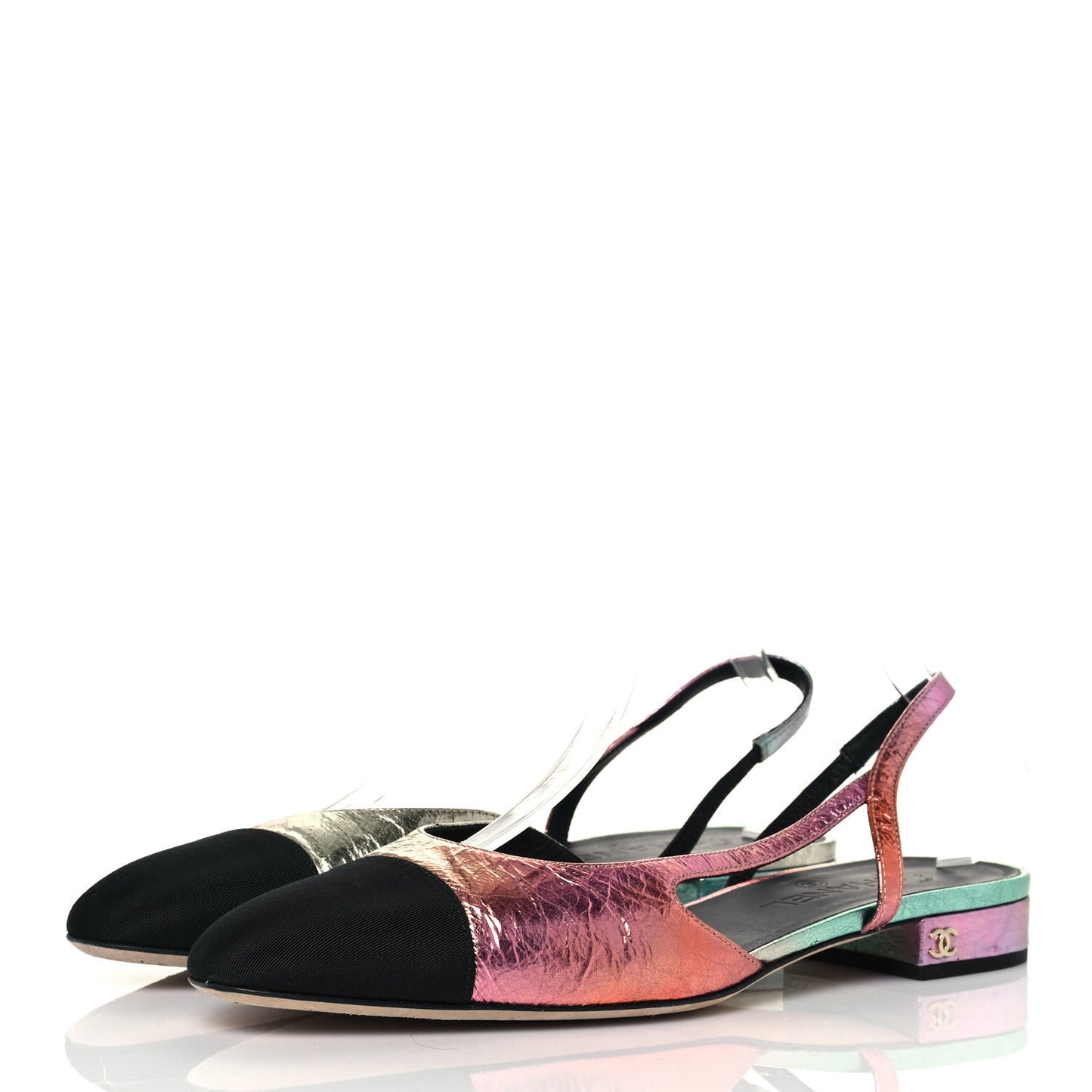 Laminated Calfskin Grosgrain Cap Toe CC Slingback Flats 40 Multicolor Black