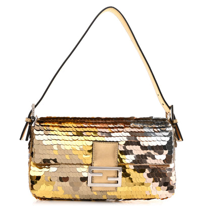 Fendi Sequin Paillettes Vitello Laminato Striped Baguette 1997 Oro Sfumato 1 of 9
