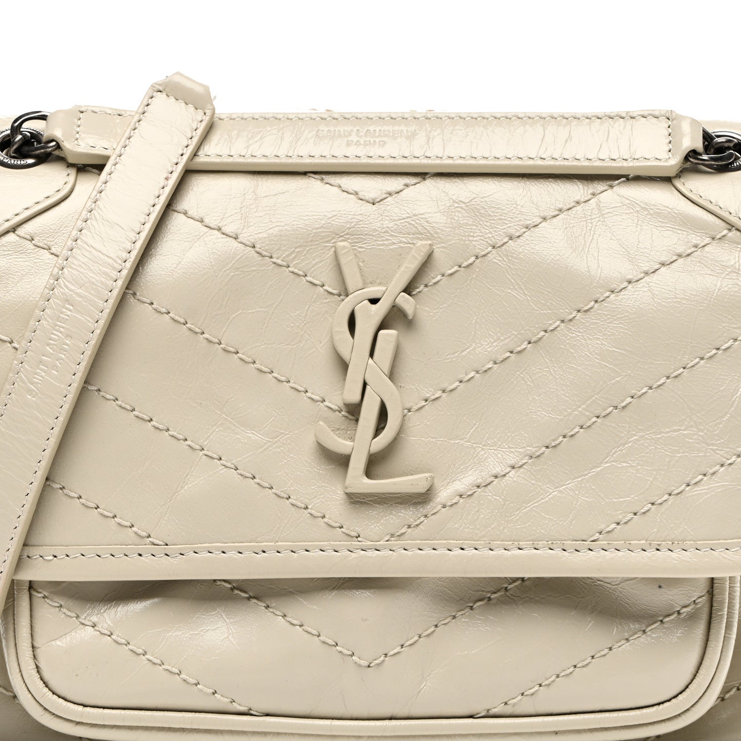 Crinkled Calfskin Matelasse Monogram Baby Niki Chain Satchel Ivory