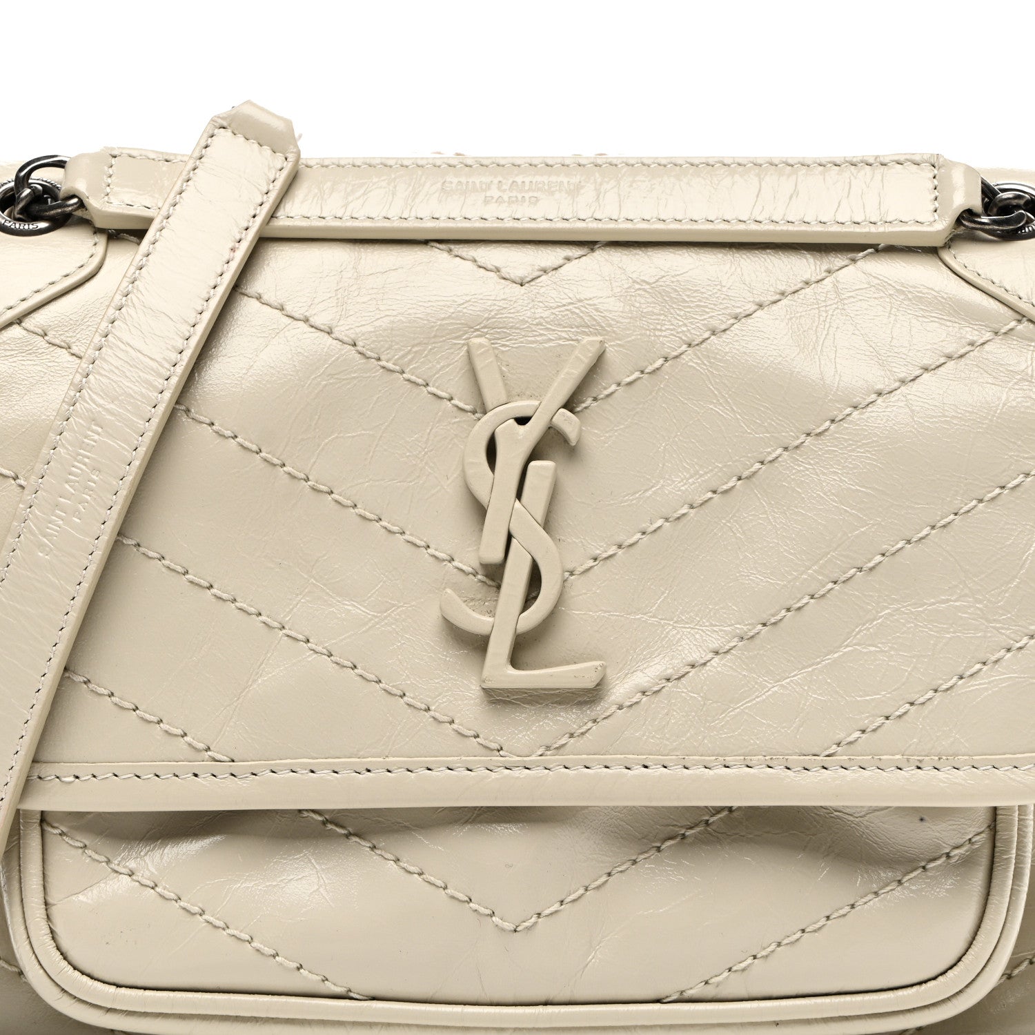 Saint Laurent Crinkled Calfskin Matelasse Monogram Baby Niki Chain Satchel Ivory 8 of 11