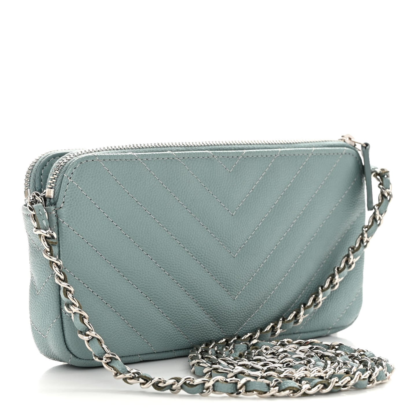 Caviar Chevron Quilted Small Clutch With Chain Light Blue