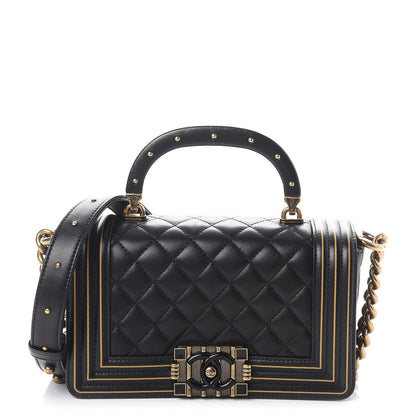 Chanel Lambskin Quilted Small Boy Studded Handle Flap Black Gold 1 of 9