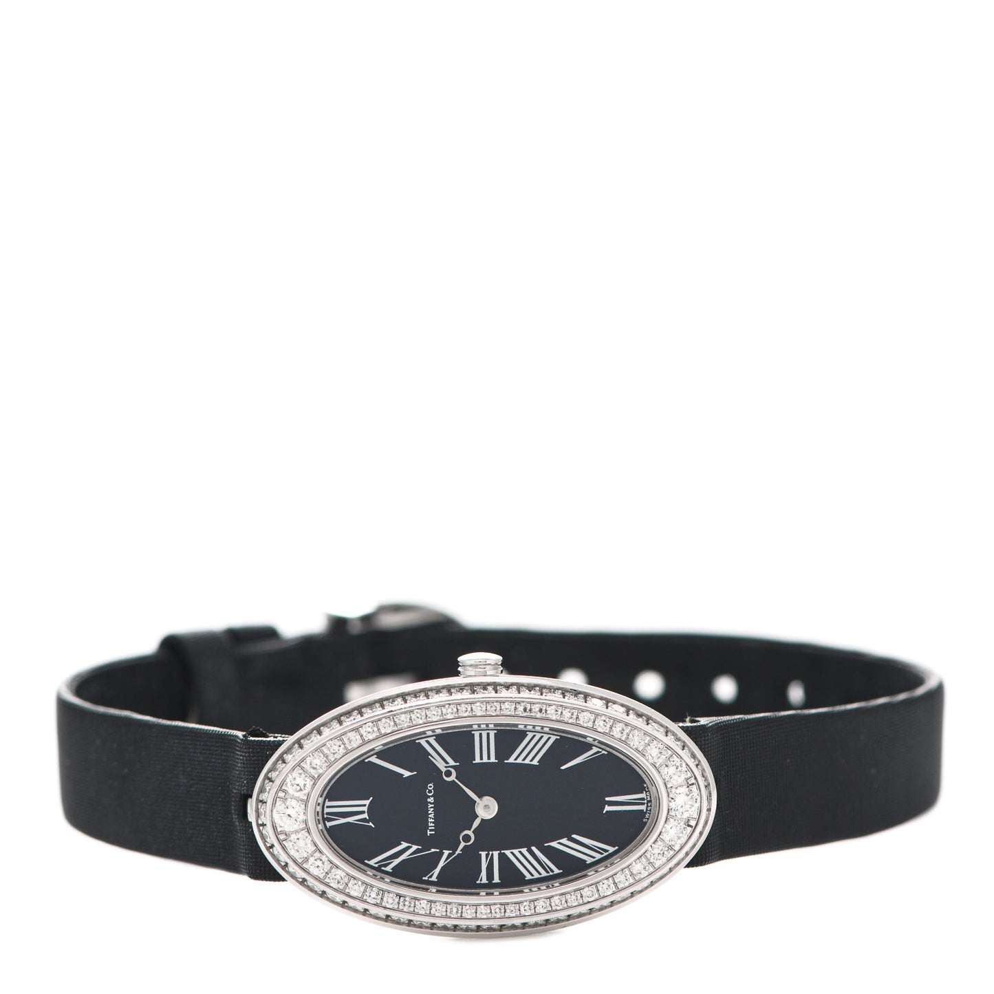 18K White Gold Satin Diamond Bezel 19mm 2-Hand Cocktail Quartz Watch Black