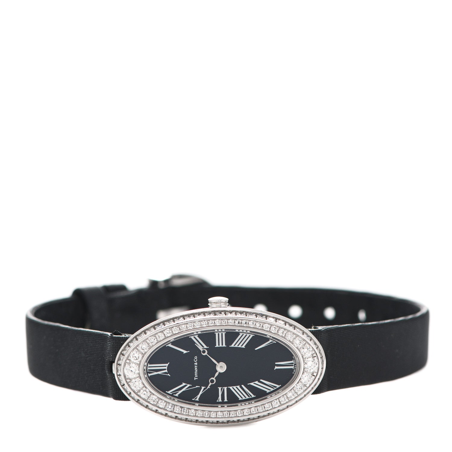 Tiffany 18K White Gold Satin Diamond Bezel 19mm 2-Hand Cocktail Quartz Watch Black 2 of 7