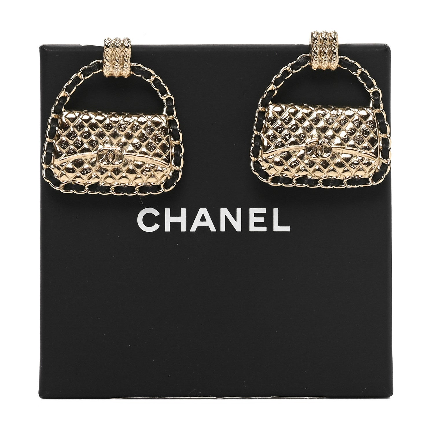 Chanel Metal Lambskin Quilted CC Chain Flap Bag Earrings Gold Black 5 of 5