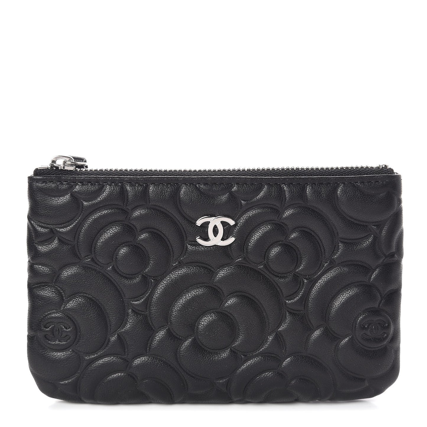 Goatskin Camellia Embossed Cosmetic Pouch Black