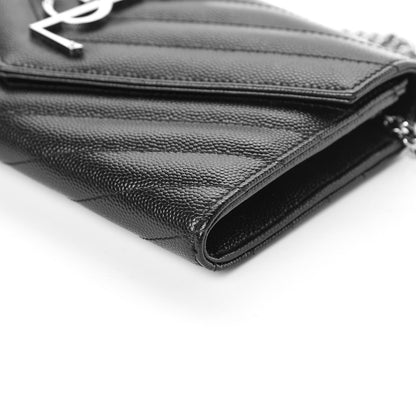 Saint Laurent Grain De Poudre Matelasse Chevron Small Monogram Chain Wallet Black 9 of 10