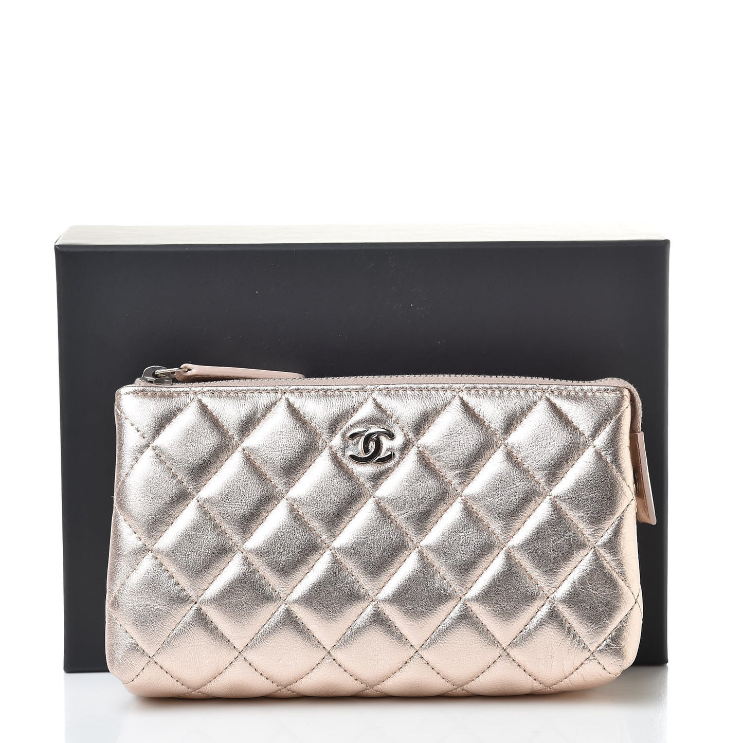 Metallic Lambskin Quilted Small Cosmetic Pouch Light Pink