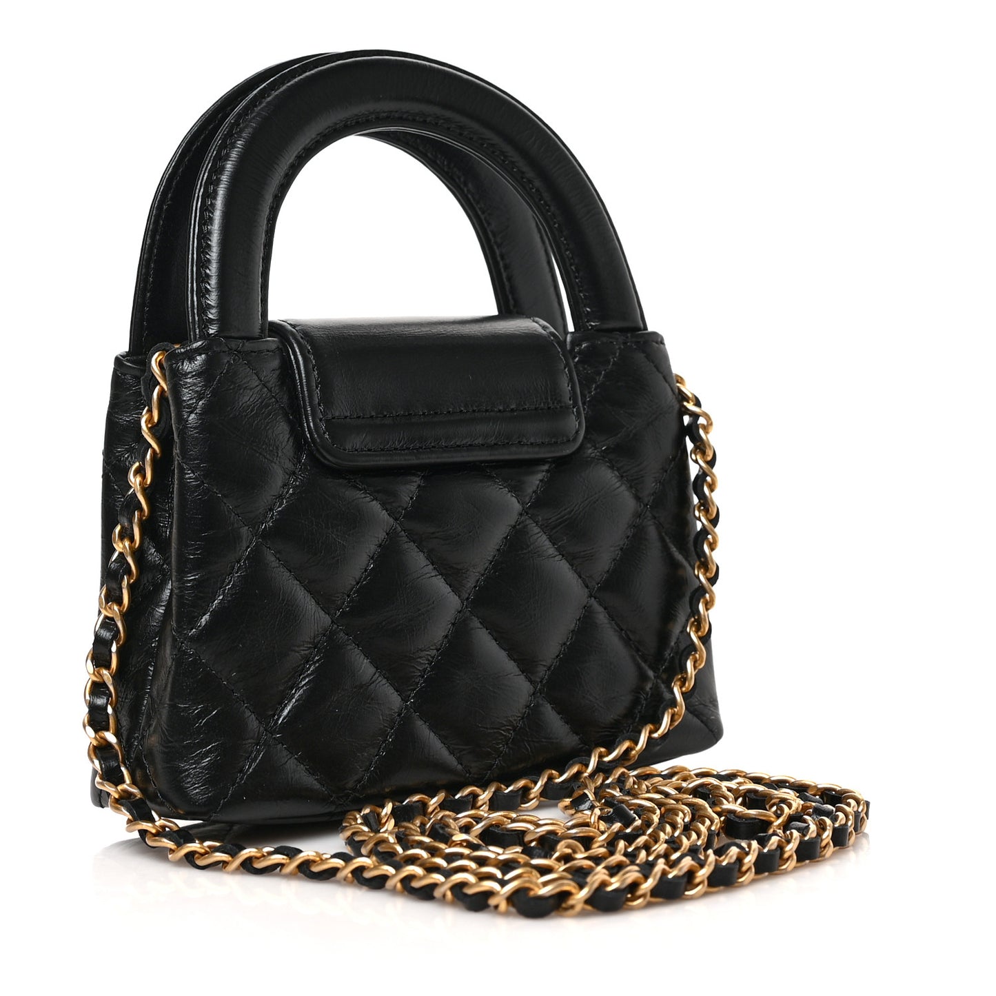 Shiny Aged Calfskin Quilted Mini Nano Kelly Shopper Black