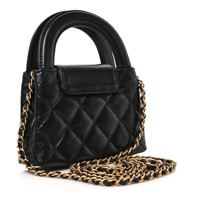 Chanel Shiny Aged Calfskin Quilted Mini Nano Kelly Shopper Black 2 of 8