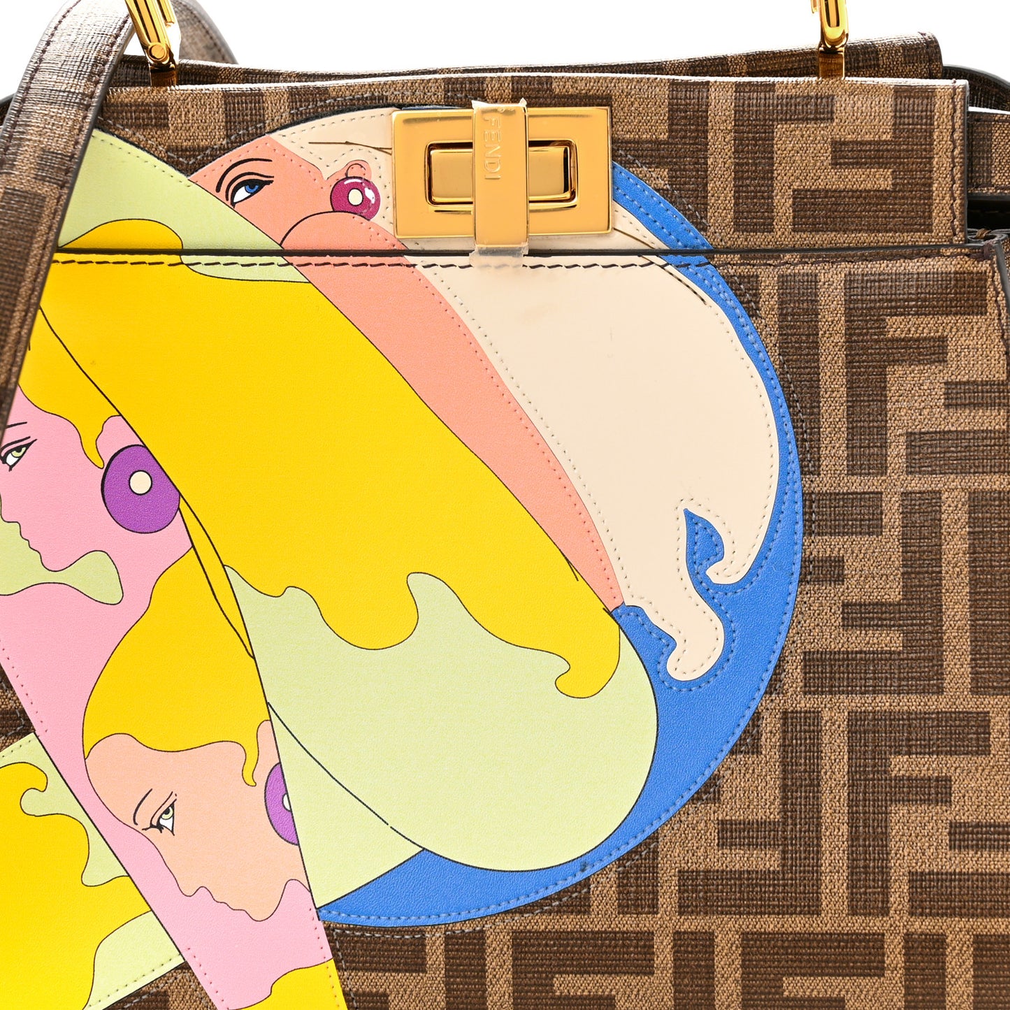 Glazed Fabric Vitello FF 1974 Hairdo Girls Inlay Mini Peekaboo Iconic Satchel Mogano Panna Multicolor