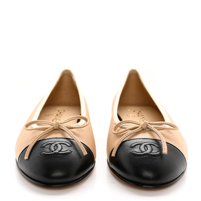 Chanel Lambskin Cap Toe CC Ballerina Flats 36.5 Beige Black 2 of 9