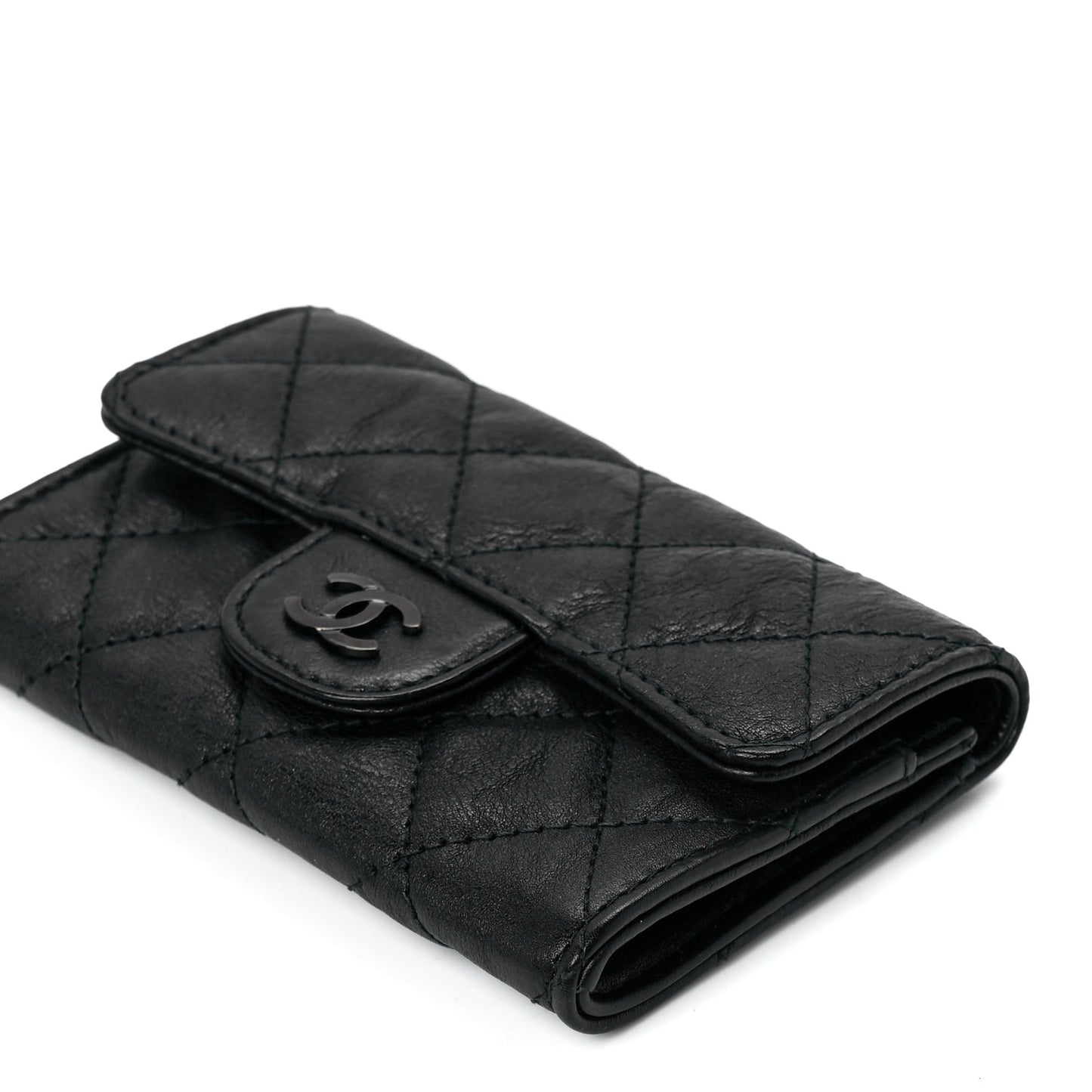 Crumpled Calfskin Quilted Flap Card Holder Wallet So Black