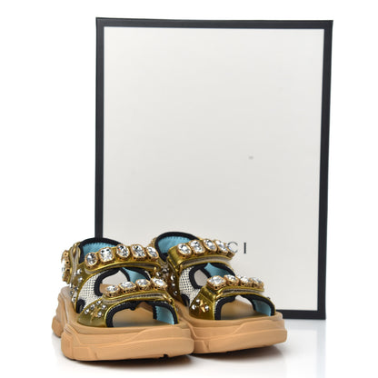 Gucci Silk Calfskin Mesh Crystal Embellished Studded Womens Aguru Sandals 35.5 Gold 8 of 8